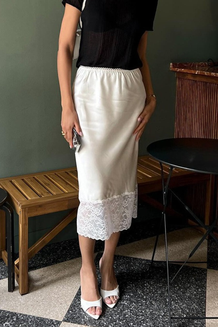 Satin Lace Trim Bodycon Skirt