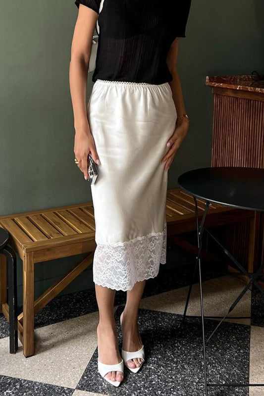 Satin Lace Trim Bodycon Skirt