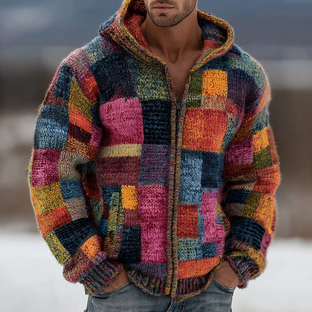 Men's Geometric Block Patchwork Contrast Color Knitted Zipper Hooded Sweater artswardrobe