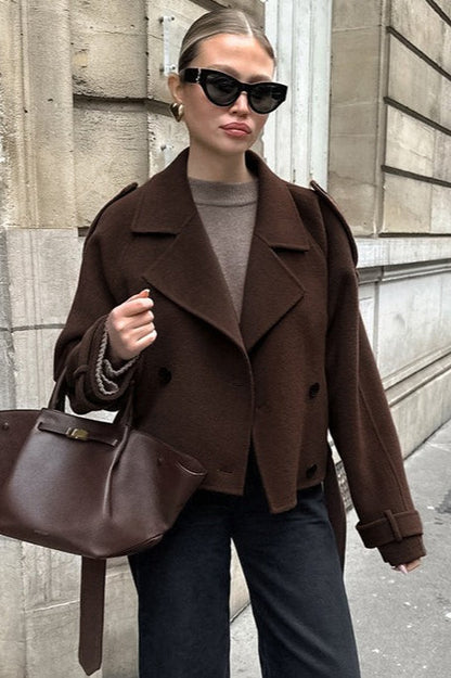 Notch Collar Double-breasted Wool Blend Trench Coat