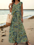 Women's Floral Art Print V-Neck Sleeveless Cotton Pocket Dress