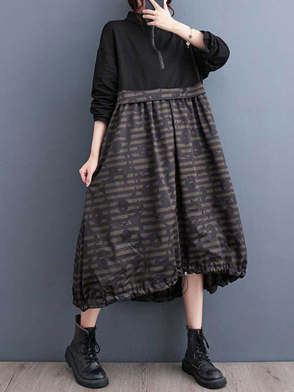 Long Sleeves Loose Drawstring Printed Split-joint Zipper Midi Dresses