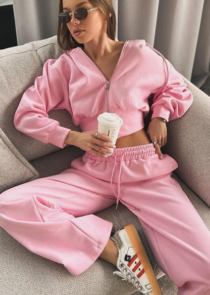 Pink Breeze - Hooded Zip-up Two-piece Set