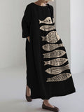 Fish Japanese Lino Art Flowy Linen Blend Maxi Dress