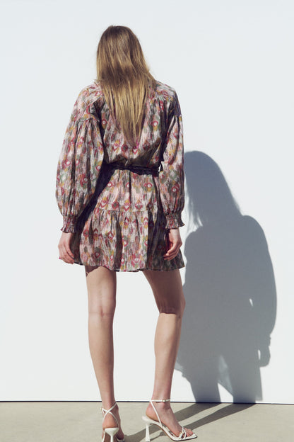 Puff Long Sleeve Ruffle Hem Mini Dress