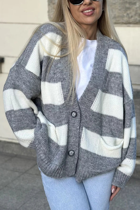V-neck Long-sleeved Striped Pocket Knitted Cardigan