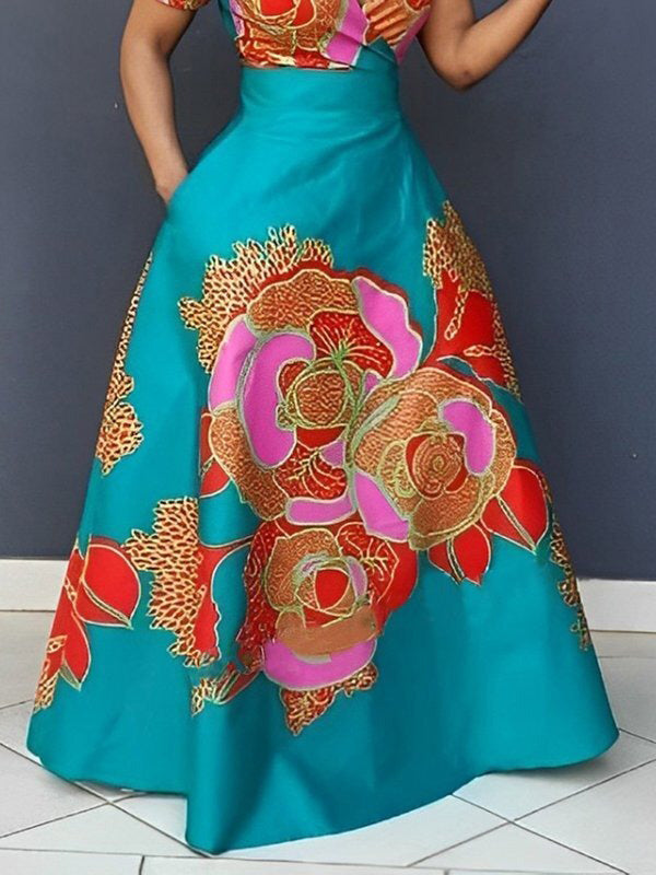 A-line Loose Printed Split-joint Deep V-neck Evening Dresses Maxi Dresses