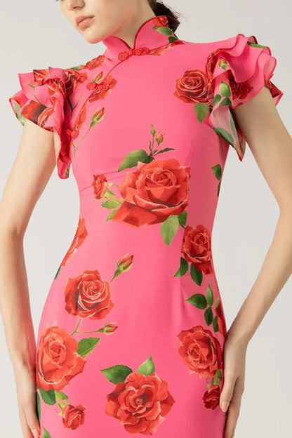Party Cheongsam Style Rose Print Layered Flared Sleeve Elastic Long Skirt