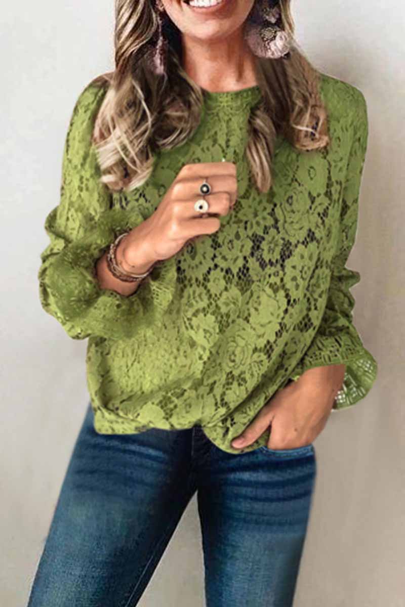 Long Sleeve Openwork Lace Blouse(4 Colors)