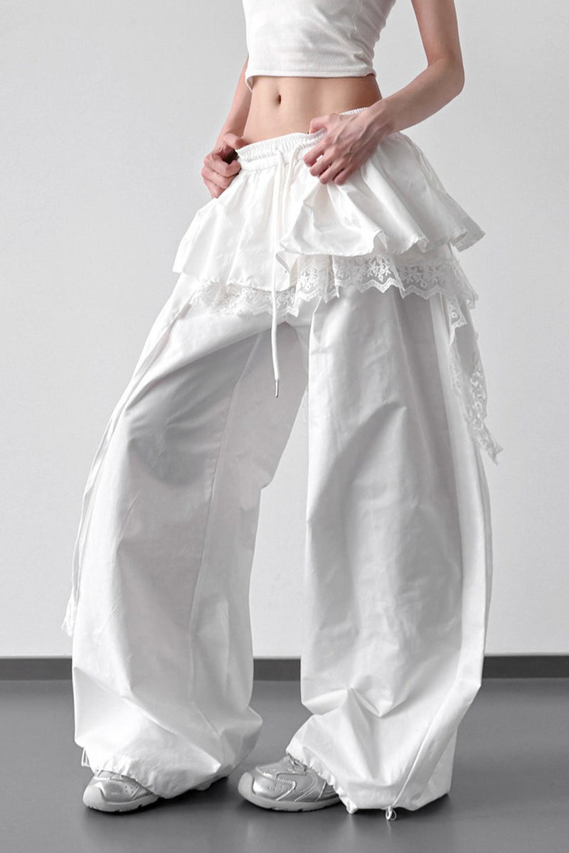 Lace Skirt Hem Trim Wide Leg Pants