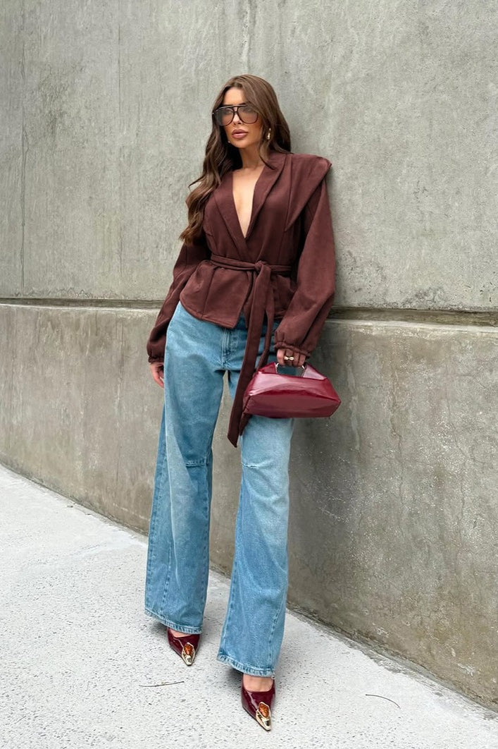 Wine Red Suede Tie-waist V-neck Coat