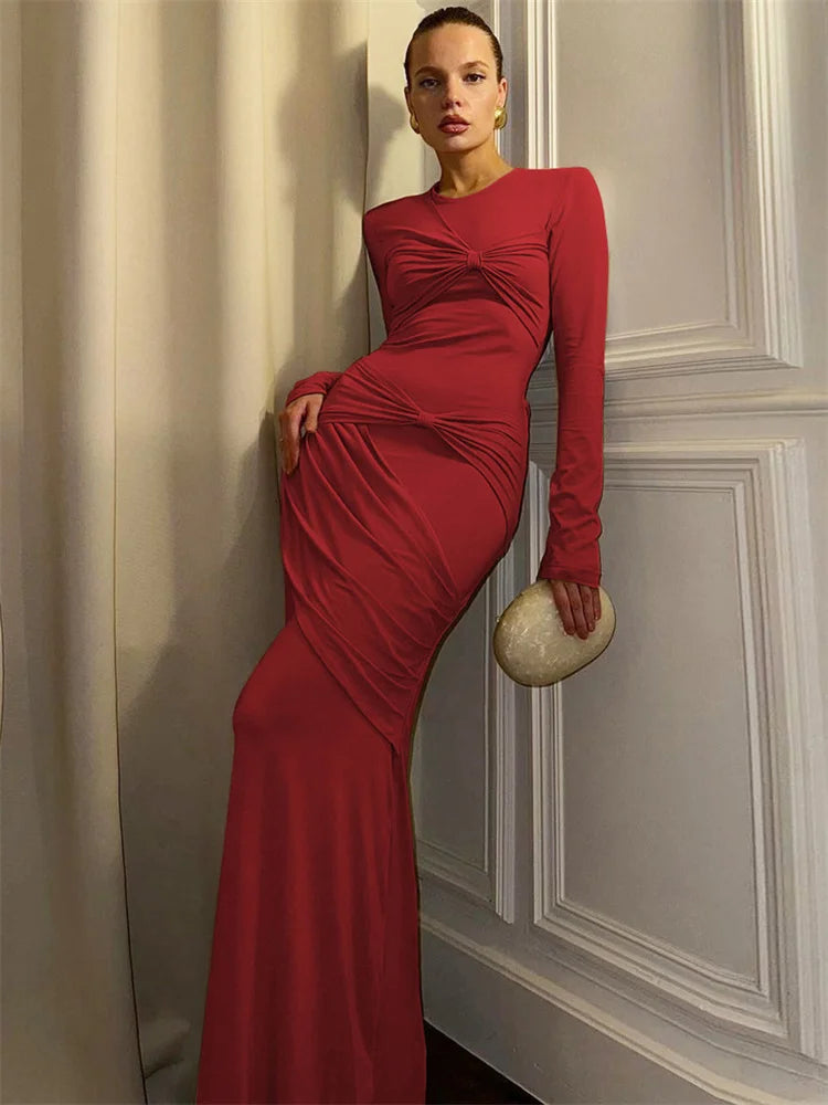 Autumn Pleated Twist Long Dress ’s High Waist Slim Skinny Party Dress Gown Female Bodycon Maxi Dress