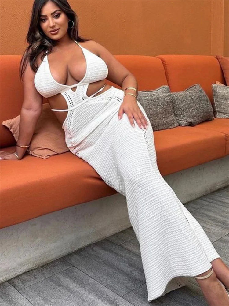 Female Knit Lace-up Maxi Dress Backless Slim Beach Outfits Y2k Dress Hollow Out Bandage Knitwear Party Dress