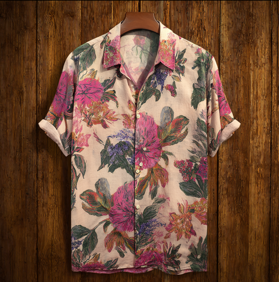 Bohemian Style Plant And Flower Pattern Men's Retro Cotton And Linen Shirt elevenforest