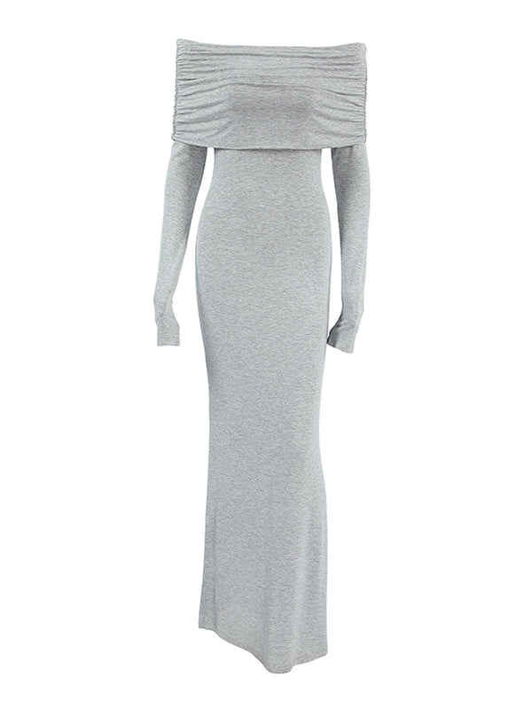 Long Sleeves Skinny Pleated Color Split-joint Off-the-shoulder Evening Dresses Maxi Dresses