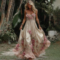 Women's Vintage Pink Rose Embroidery Art Suspender Maxi Dress