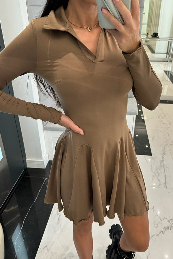 Color Lapel Long Sleeve Slim Fit Waist Mini Dress