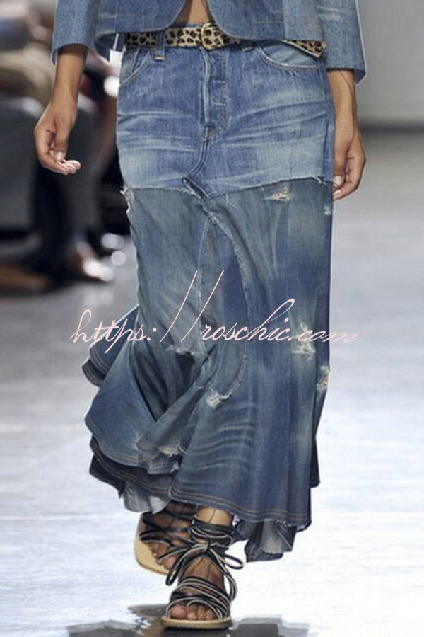 90's Distressed Paneled Irregular Hem Denim Skirt