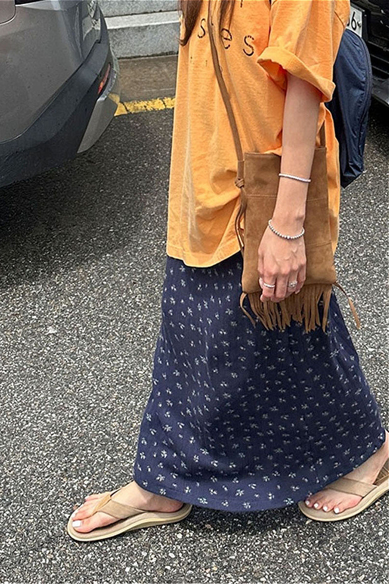 Drawstring Print Navy Skirt