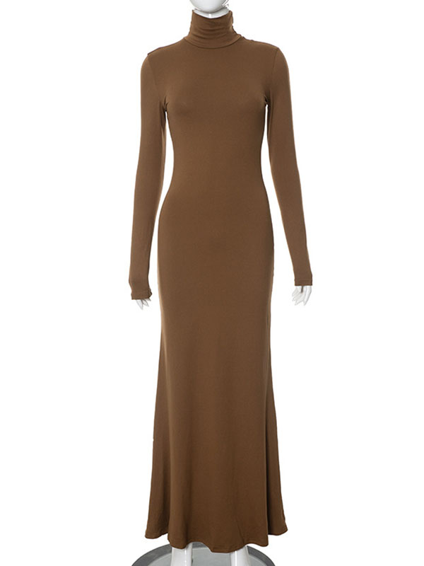 Bodycon Long Sleeves Color Split-joint High Neck Maxi Dresses