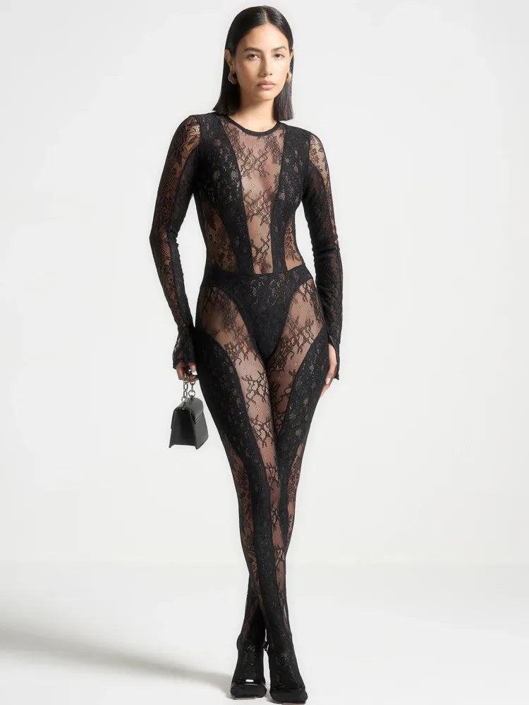 Lace Patchwork Long Sleeved See Through Jumpsuit Tight Backless Autumn Winter New Female Party Clothing