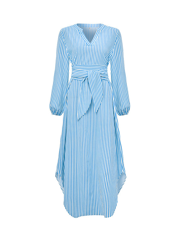 A-line Long Sleeves Striped Tied Waist V-neck Midi Dresses Shirt Dress