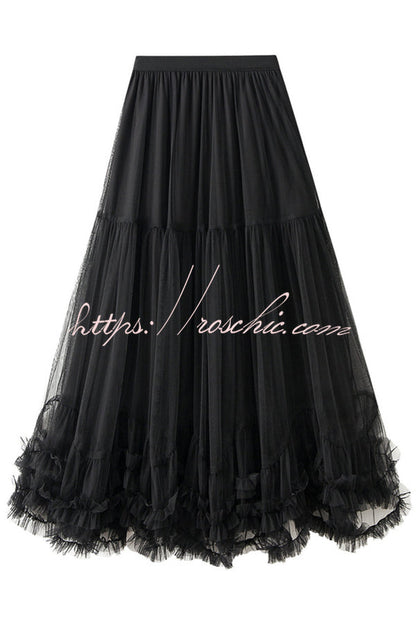 Tulle Stretch Waist Paneled Pleated Maxi Skirt