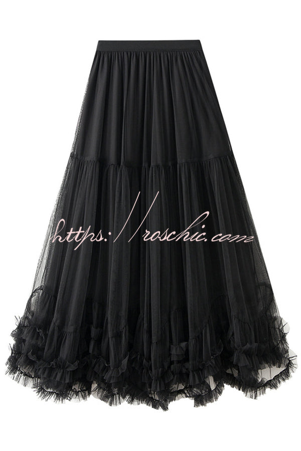 Tulle Stretch Waist Paneled Pleated Maxi Skirt