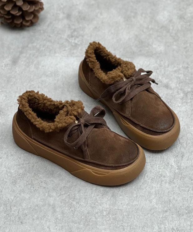 Coffee Flats Lace Up Flat Shoes for Fuzzy Wool Lined