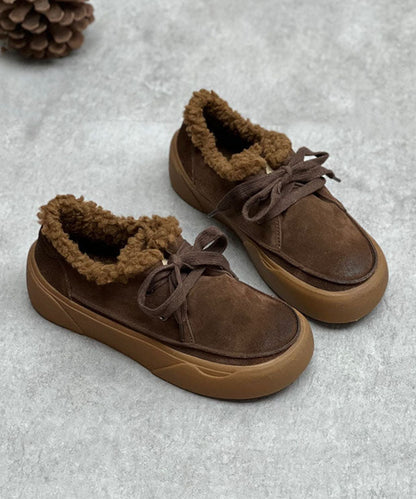 Coffee Flats Lace Up Flat Shoes for Fuzzy Wool Lined