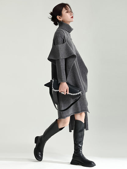 Long Sleeves Loose Color High-neck Shawl&sweater Dresses Two Pieces Set