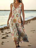 Women's Vintage Ethnic Floral Art Print Pocket Cotton Dress