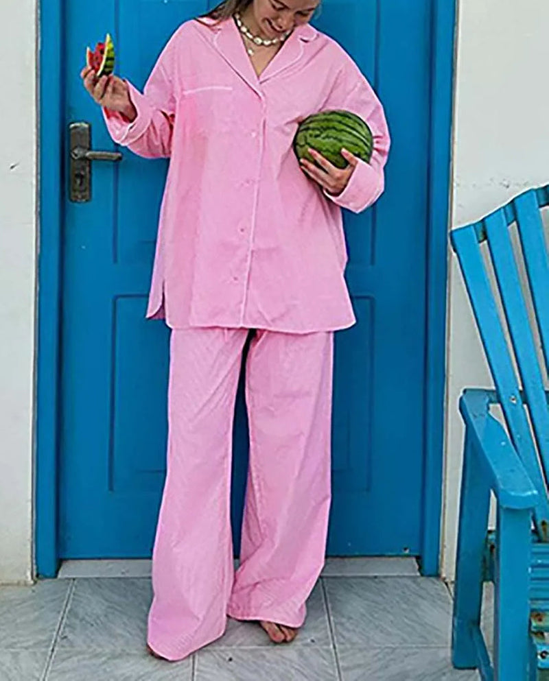 Pink Print Pockets Straight Trousers Office Two Piece Set