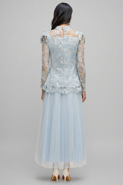 Hurof Folds Lace Butterfly Top Dress Two-piece Set