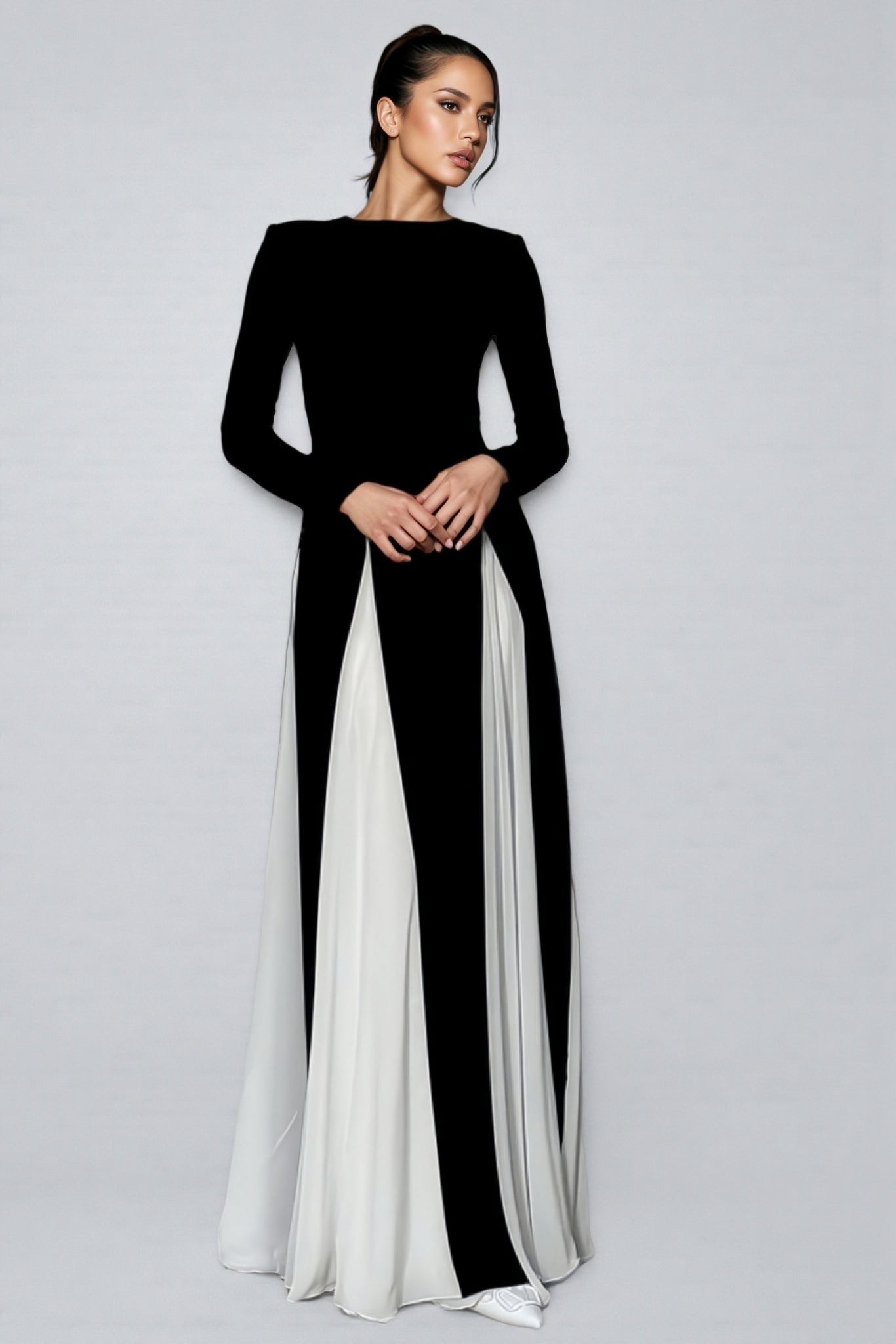 Liwy Black and White Clashing Long Sleeve Maxi Dress