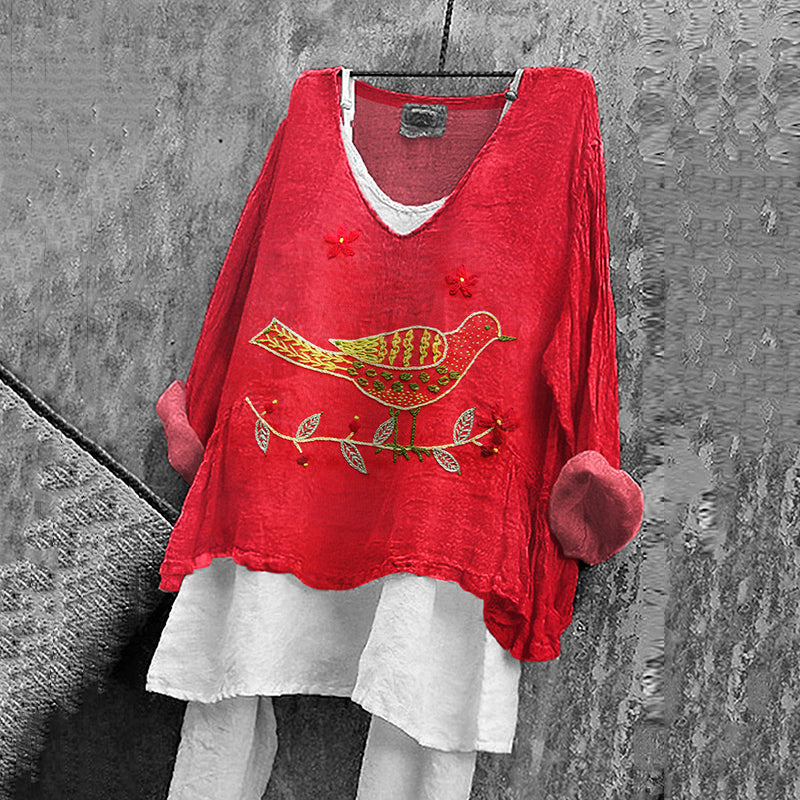 Women's Bird & Flower Embroidery Art V-neck Linen Blend Shirt elevenforest
