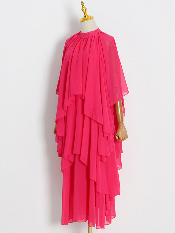 Loose Raglan Sleeve Color Tiered Stand Collar Maxi Dresses