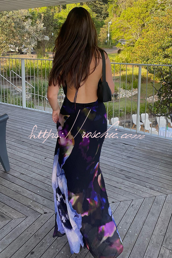 Bold and Tie-dye Abstract Halter Drape Neck Backless Maxi Dress