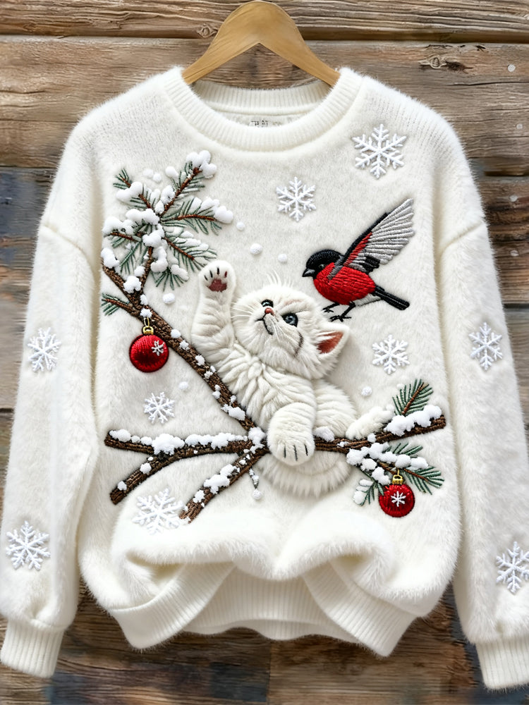 Comstylish Christmas Cat & Bird Embroidered Women's Soft Plush Sweater