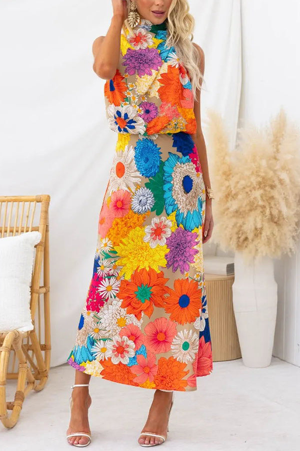 Land of Beauty Print Halter Neck Elastic Waist Party Maxi Dress