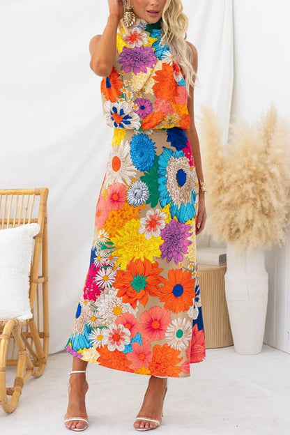 Land of Beauty Print Halter Neck Elastic Waist Party Maxi Dress