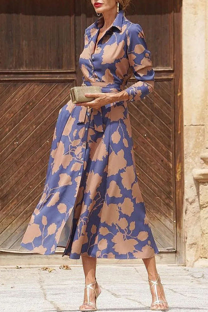 Lapel Print Lace Up Buttoned Pockets Long Sleeve Midi Dress