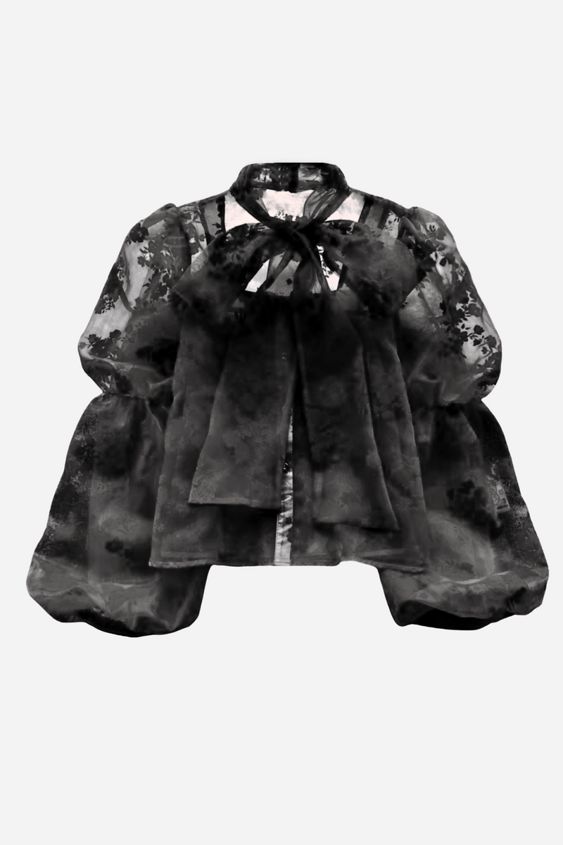 Hulda Lace Bow Tie Lantern Sleeve Blouse