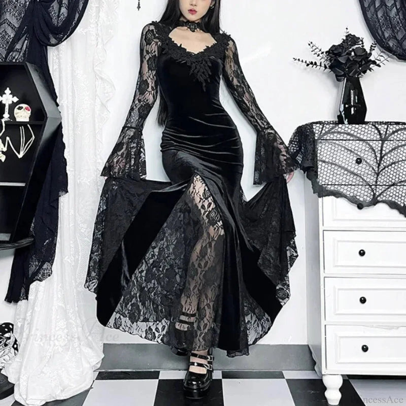 Dark Lace Trumpet Slim Midi Dress