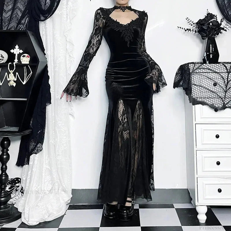 Dark Lace Trumpet Slim Midi Dress
