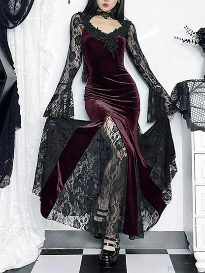 Dark Lace Trumpet Slim Midi Dress