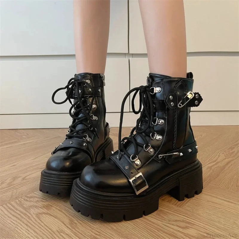 Dark Style Platform Mid-calf Motorcycle Boot