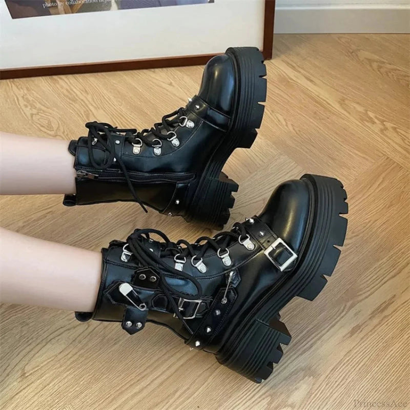 Dark Style Platform Mid-calf Motorcycle Boot