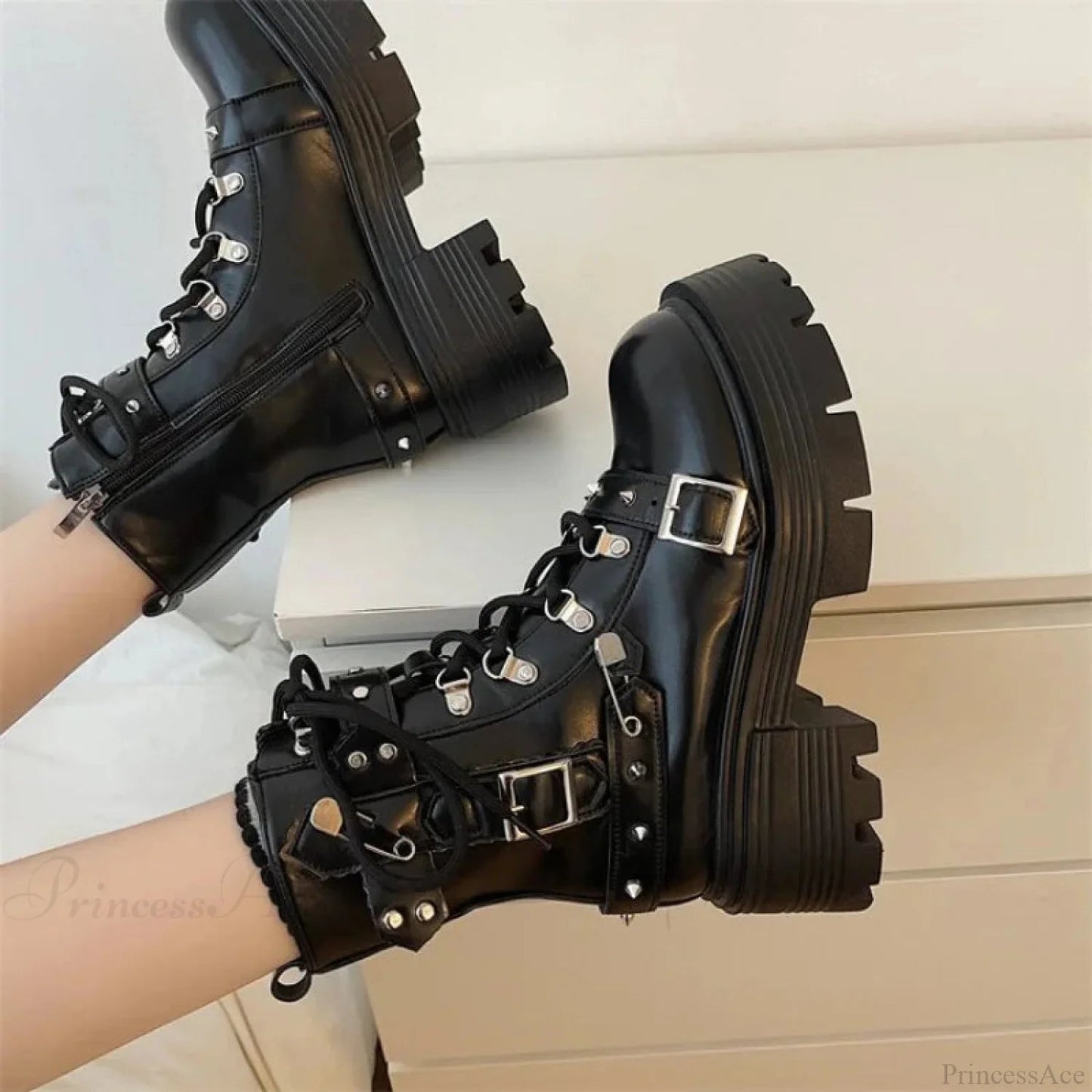 Dark Style Platform Mid-calf Motorcycle Boot