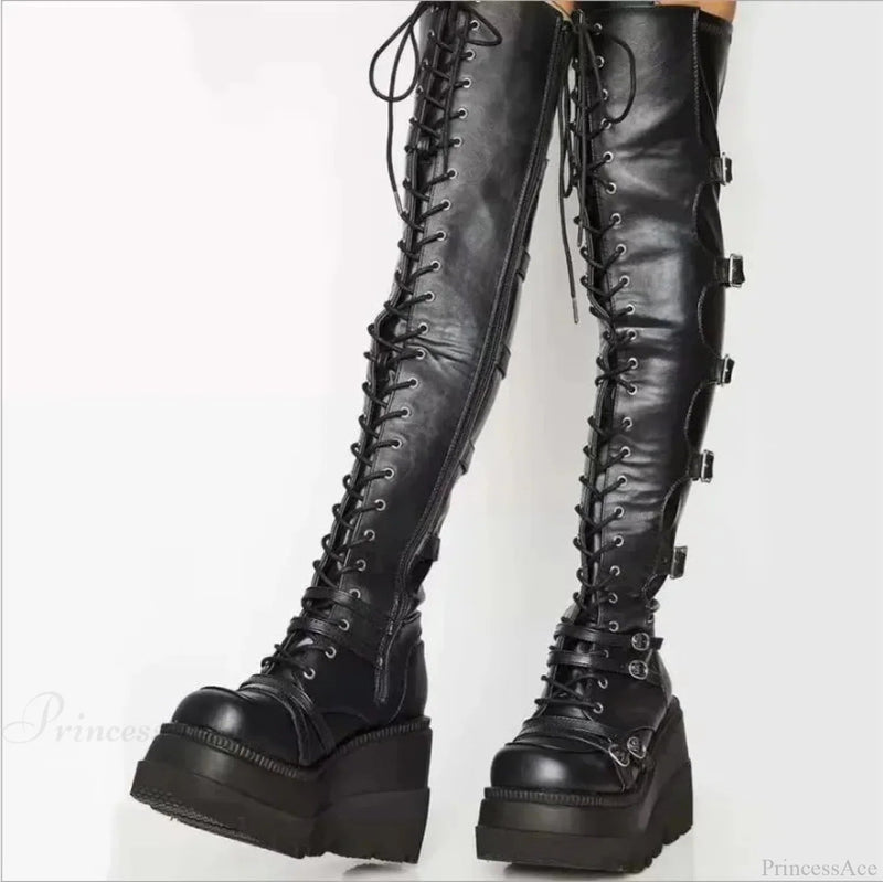 Dark Thigh Tall Platform Wedges Rebel Boot